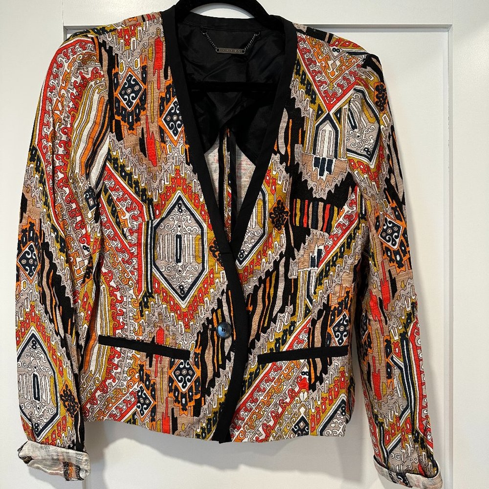Trina Turk Colorful Patterned Blazer with Black Silk Accents